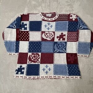 VTG Private Eyes Sweater Womens Size L Multicolor Preowned Check Cottagecore 90s